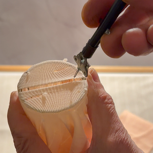 Push the hook forward under the horizontal "bar". Ensure the small latch (the moving part) is open and passes under the thread.